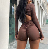 Low-cut Solid Color Slim Fit Backless Drawstring Strap Romper